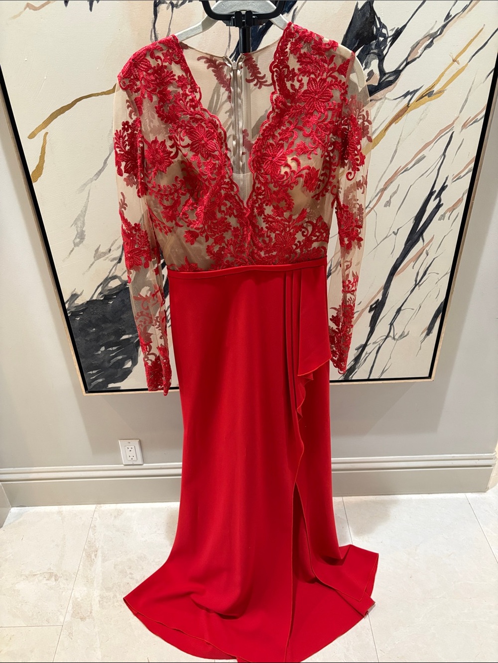 Nicole Bakti Red Long Sleeve Lace Appliqué Evening Gown with Sheer Bodice